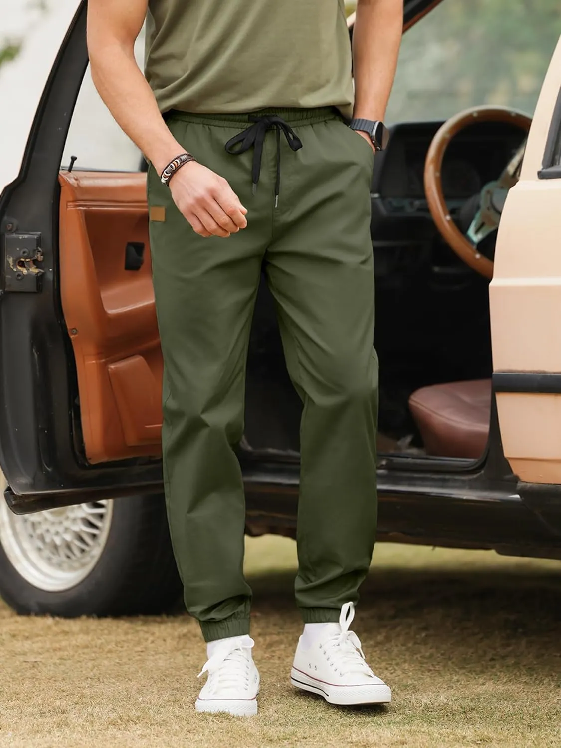 PLEPAN Mens Casual Cargo Joggers - Cotton Drawstring Chino Pants Hiking Outdoor Twill Track Jogging Sweatpants
