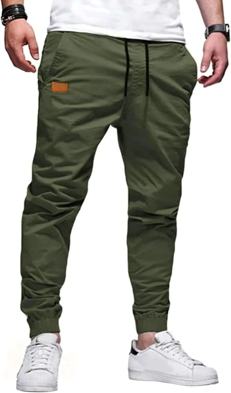 PLEPAN Mens Casual Cargo Joggers - Cotton Drawstring Chino Pants Hiking Outdoor Twill Track Jogging Sweatpants
