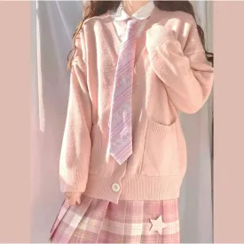 Preppy Aesthetic Clothes Cute Japanese School Sweater Kawaii Solid V-Neck Loose Knitted Cardigan JK Uniform Cosplay