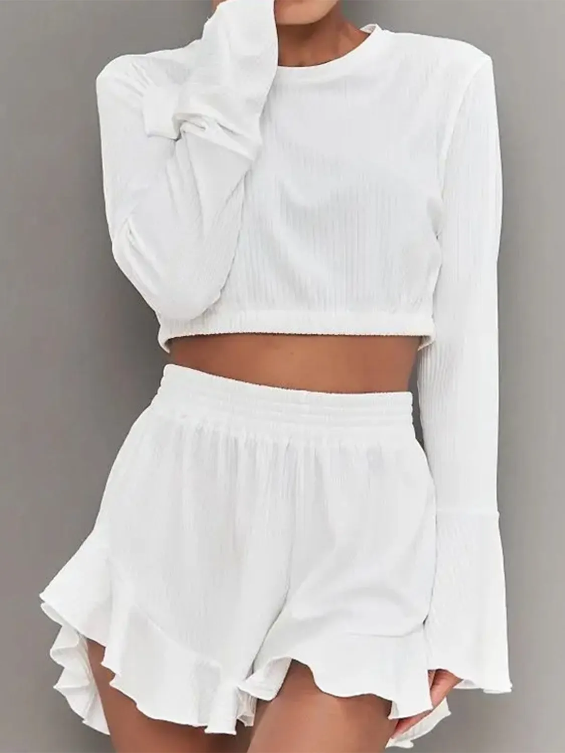 Round Neck Long Sleeve Top and Ruffled Shorts Set round neck top