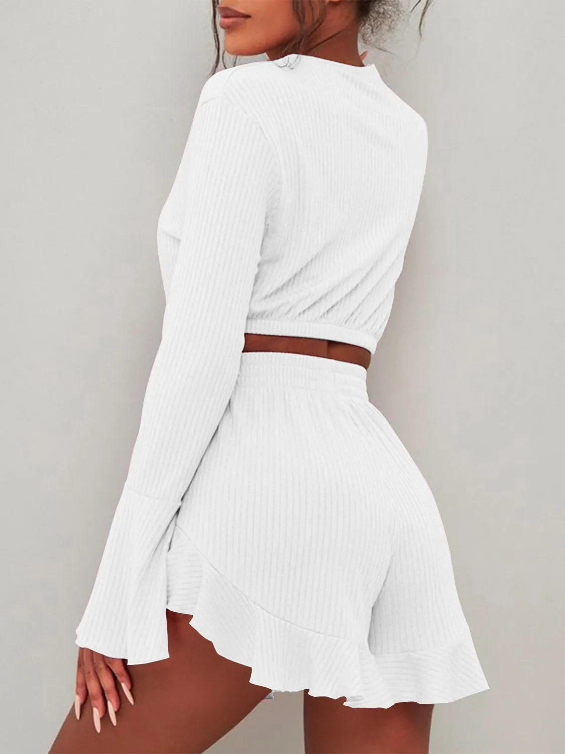 Round Neck Long Sleeve Top and Ruffled Shorts Set round neck top
