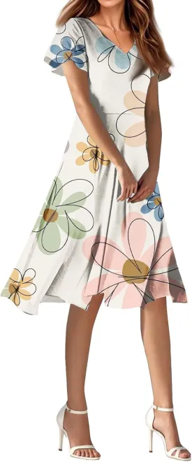 Spring Dresses for Women 2025 Weddingcasualflowyelegant Dress Ruffle Short Sleeve Floral Dresses Midi Chiffon Dress