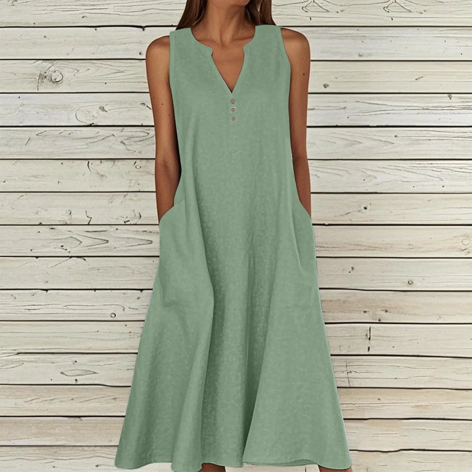 Summer Linen Dresses for Women 2025 Casual Maxi Dress Sleeveless Button Dress Sexy V Neck Beach Dresses with Pockets