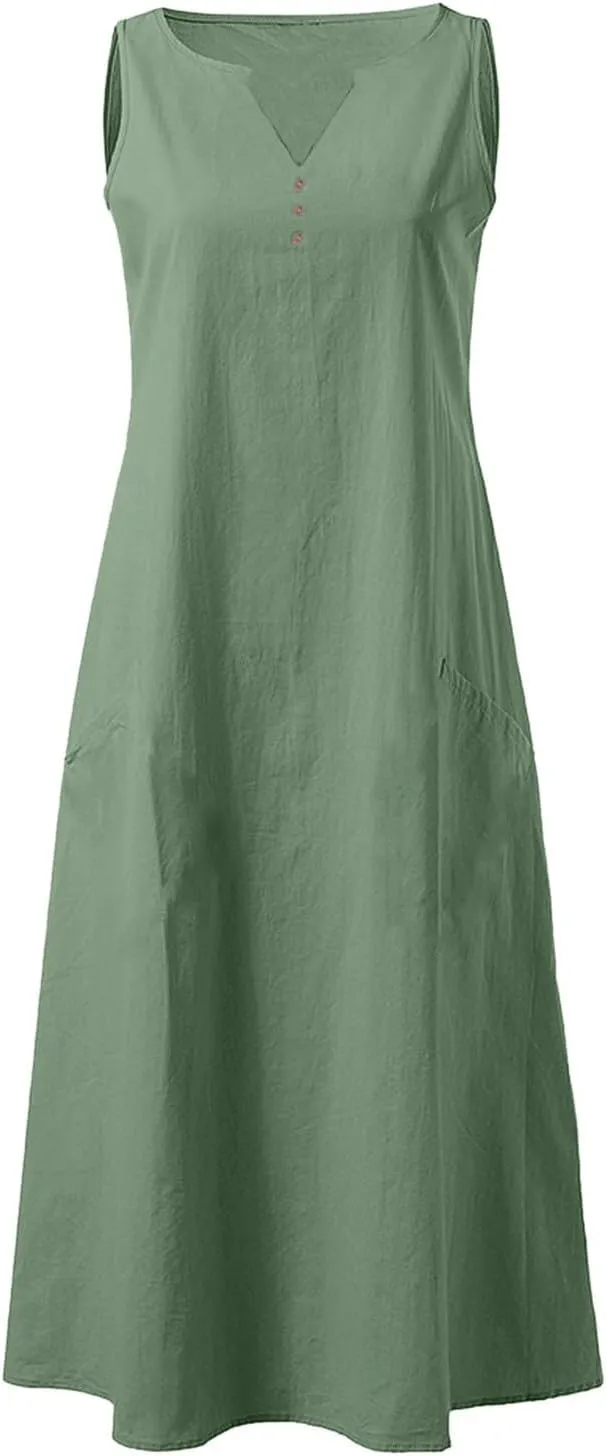 Summer Linen Dresses for Women 2025 Casual Maxi Dress Sleeveless Button Dress Sexy V Neck Beach Dresses with Pockets