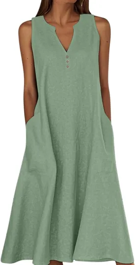 Summer Linen Dresses for Women 2025 Casual Maxi Dress Sleeveless Button Dress Sexy V Neck Beach Dresses with Pockets