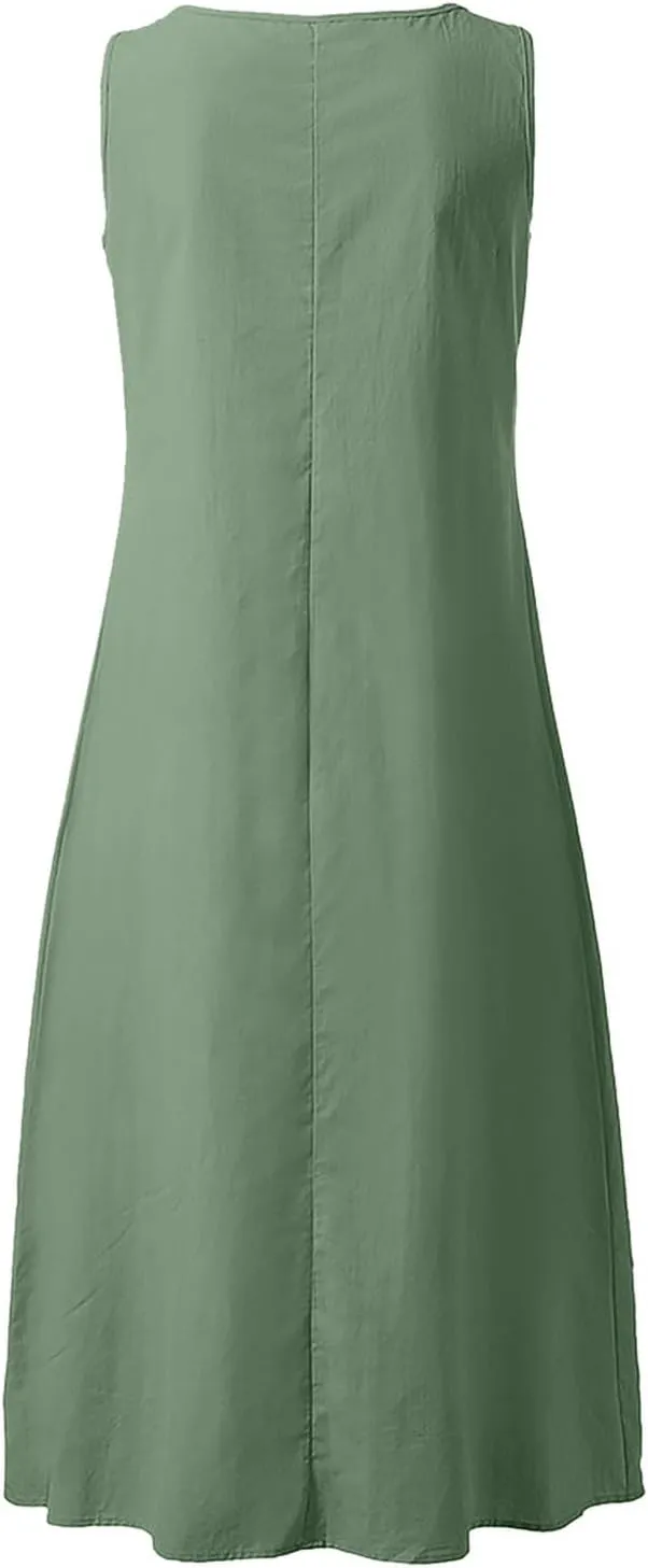 Summer Linen Dresses for Women 2025 Casual Maxi Dress Sleeveless Button Dress Sexy V Neck Beach Dresses with Pockets