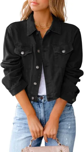 utcoco Women's Cropped Jean Jacket Long Sleeve Casual Button Down Denim Jacket