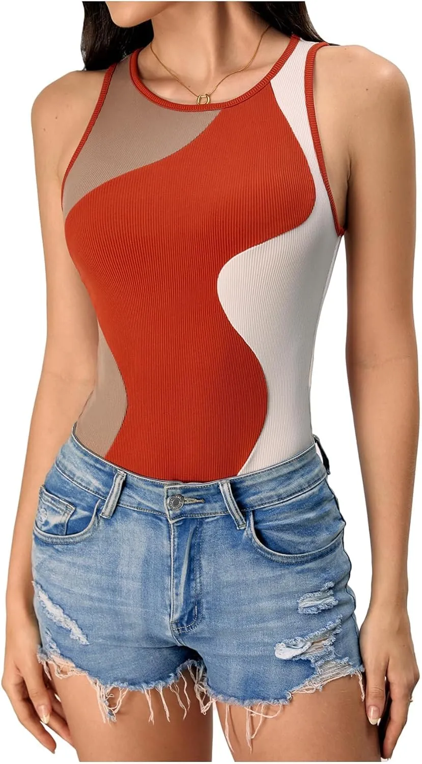 Verdusa Women's Color Block Sleeveless Scoop Neck Tank Bodysuit Top