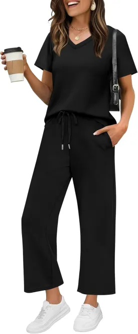 WIHOLL 2 Piece Sets for Women Summer Lounge Set Wide Leg Pants Matching Set Vacation Travel Outfits Beach Clothing
