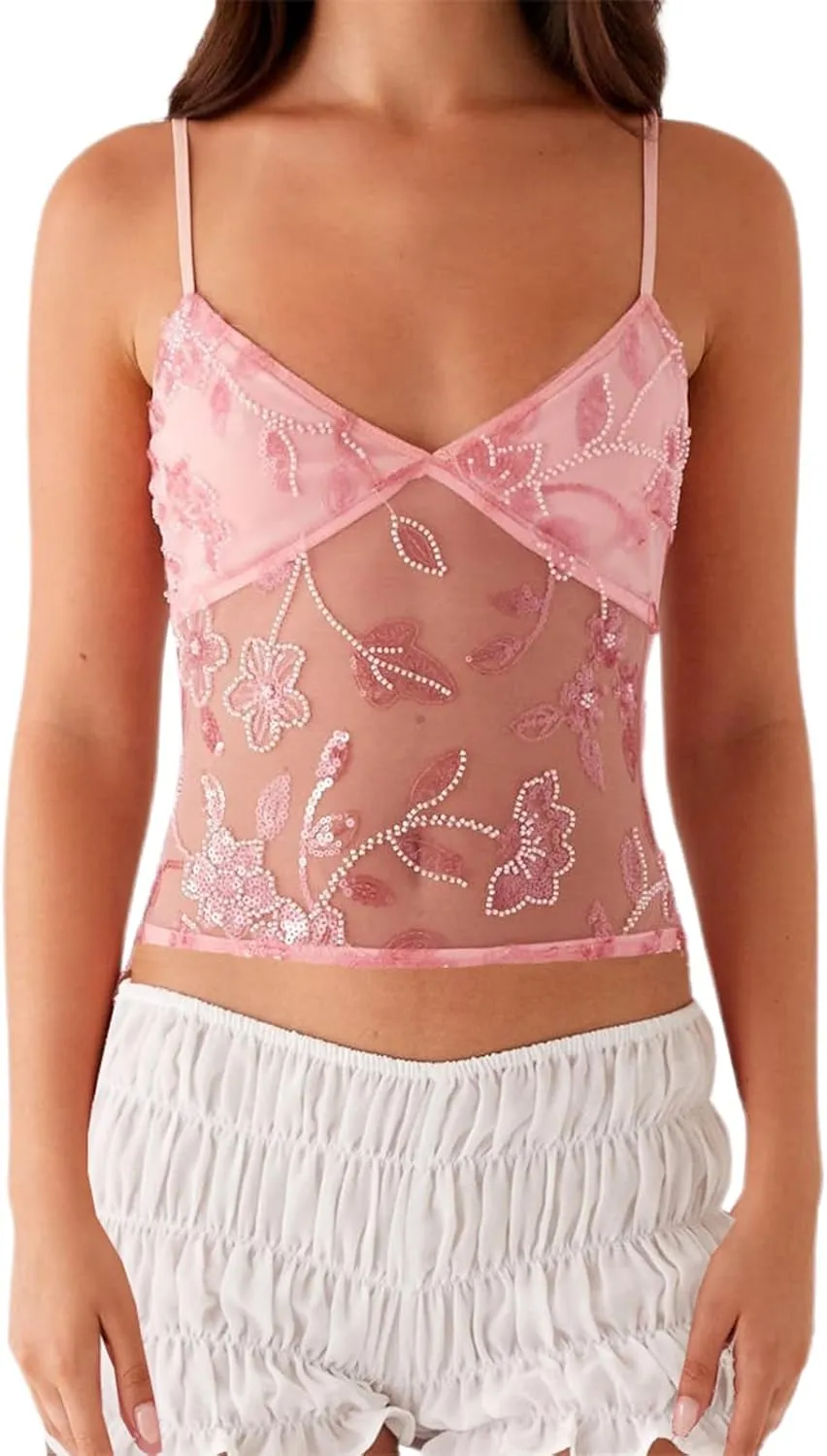 Women Sequin Cami Top Sexy Beaded Sleeveless Halter Crop Top Summer Glitter Backless Club Party Streetwear