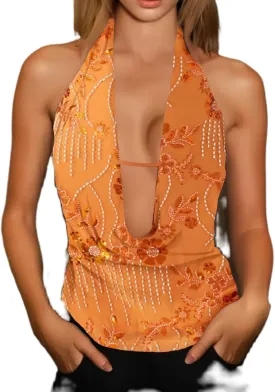 Women Sequin Plunge Neck Halter Cami Top Rhinestone Glitter Floral Sleeveless Tank Top Sparkly Sexy Streetwear
