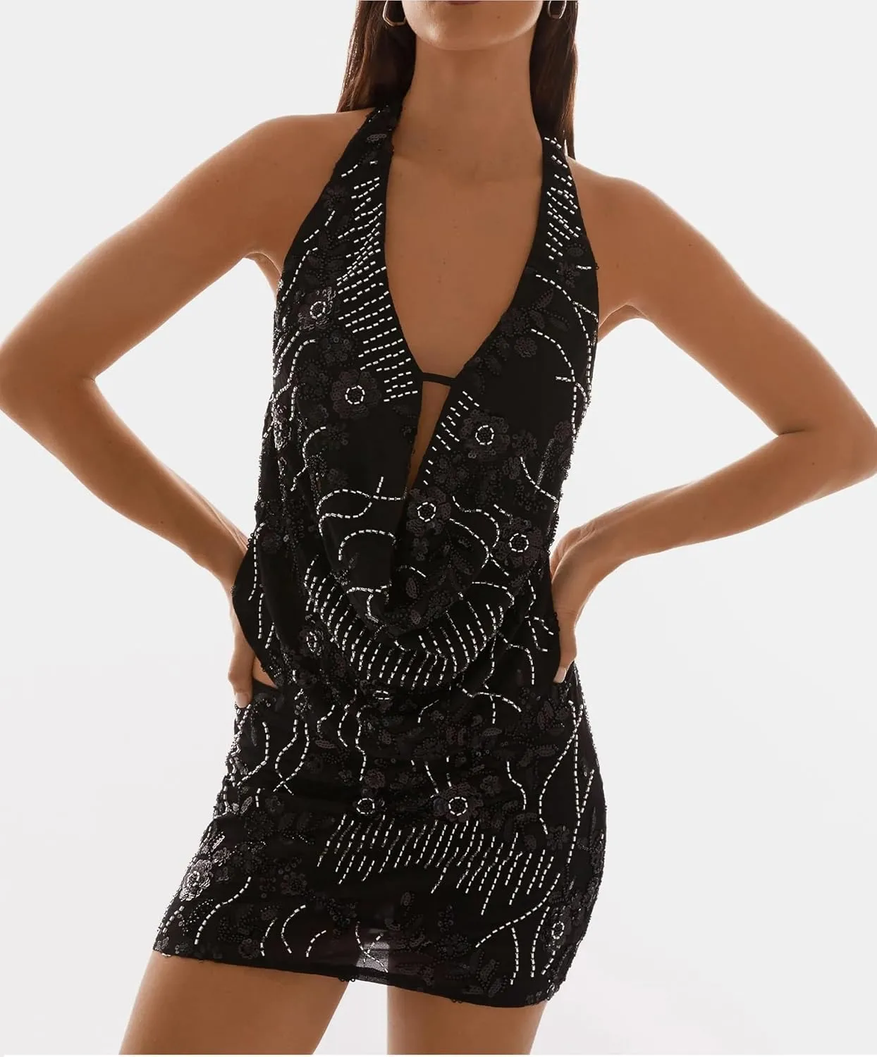 Women Sequin Plunge Neck Halter Cami Top Rhinestone Glitter Floral Sleeveless Tank Top Sparkly Sexy Streetwear