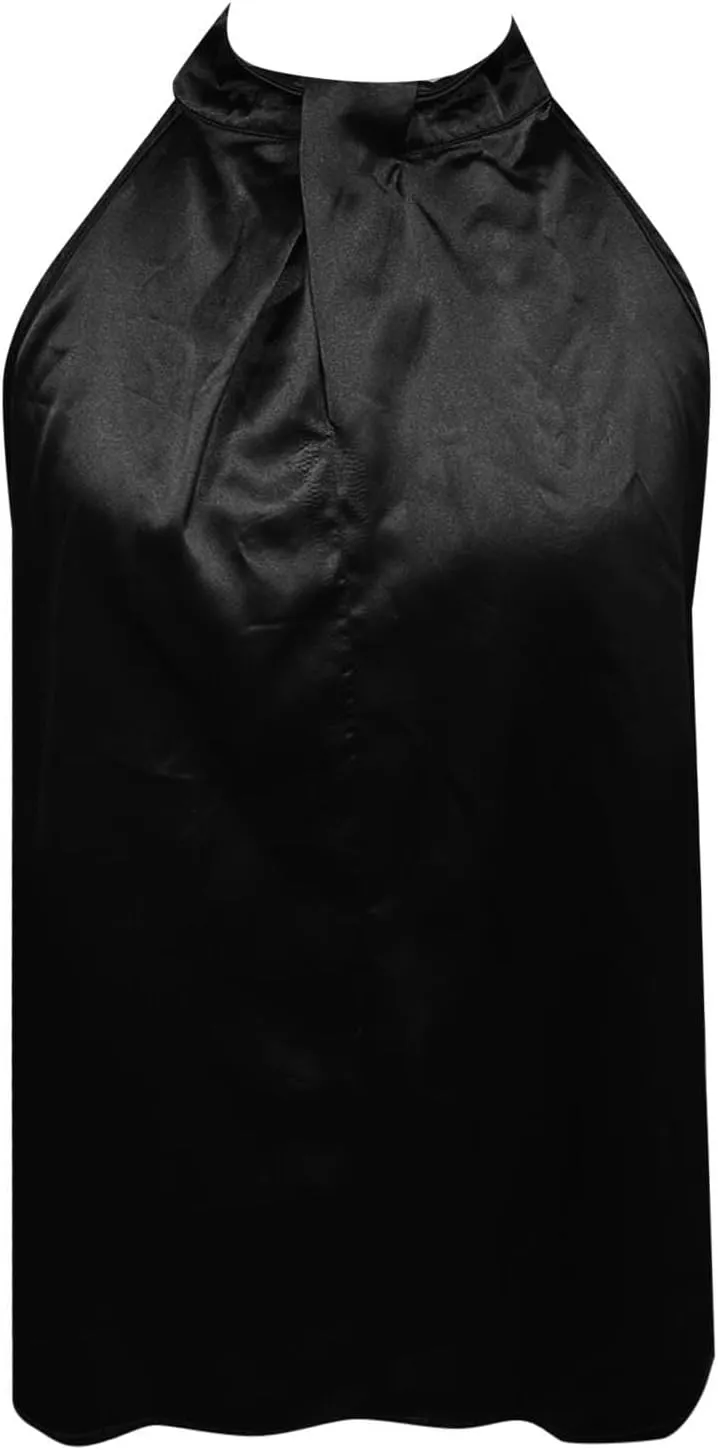 Women Silk Satin Casual Sleeveless Mock Neck Tank Top Summer Curved Hem Lightweight Dressy Blouses Shirt Crop