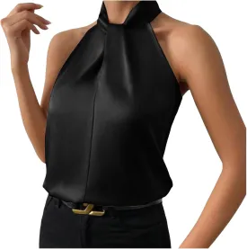 Women Silk Satin Casual Sleeveless Mock Neck Tank Top Summer Curved Hem Lightweight Dressy Blouses Shirt Crop