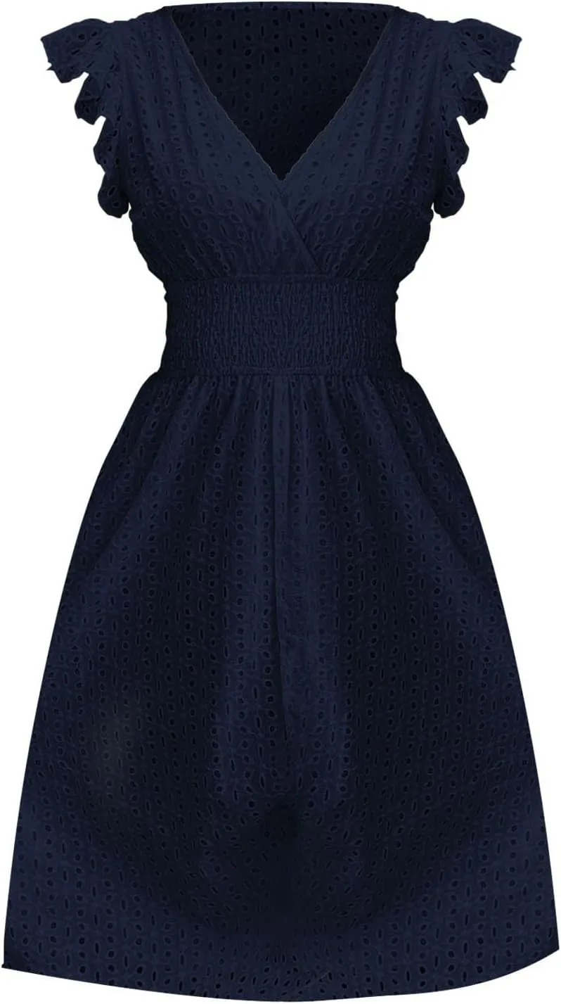 Women's 2025 Eyelet Lace Embroidery Smocked Waist Party Dresses Sexy Flutter Sleeve A Line Midi Long Summer Sundress