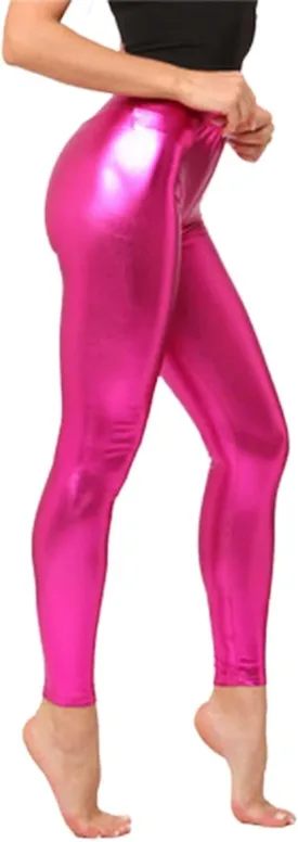 Women's Colorful Shiny Faux Leather Leggings Metallic Finish Skinny Fit Cropped 9/10 Length for Fall Versatile