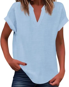 Women's Henley Shirts Linen Short Sleeve V Neck Dressy Casual Loose Fit Tops Summer Cute Flowy Blouses 2025 Trendy