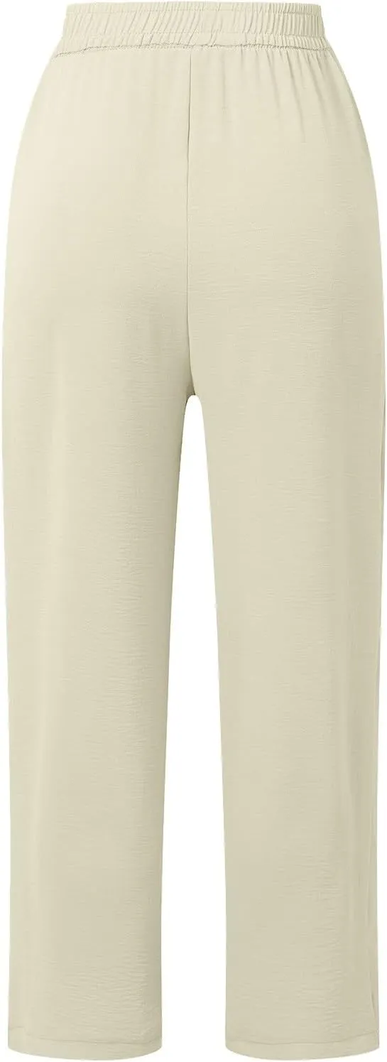 Women's High Waisted Wide Leg Casual Pants Elastic Waist Flowy Loose Trousers Pure Color Comfortable Vacation