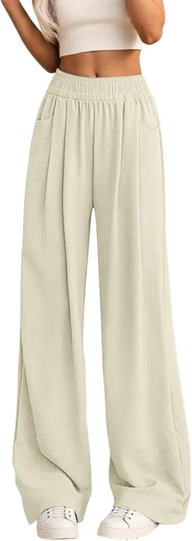 Women's High Waisted Wide Leg Casual Pants Elastic Waist Flowy Loose Trousers Pure Color Comfortable Vacation