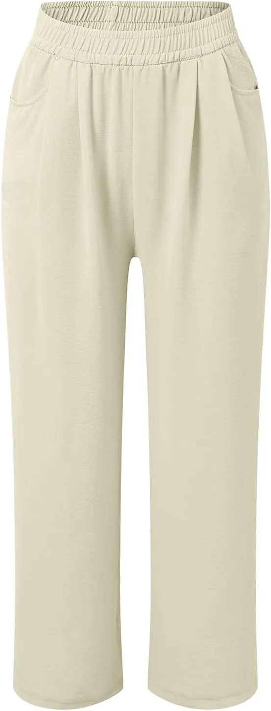 Women's High Waisted Wide Leg Casual Pants Elastic Waist Flowy Loose Trousers Pure Color Comfortable Vacation