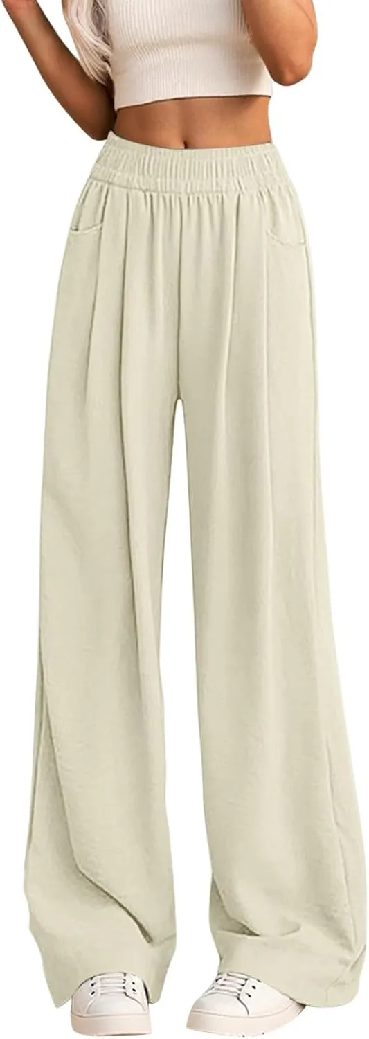 Women's High Waisted Wide Leg Casual Pants Elastic Waist Flowy Loose Trousers Pure Color Comfortable Vacation