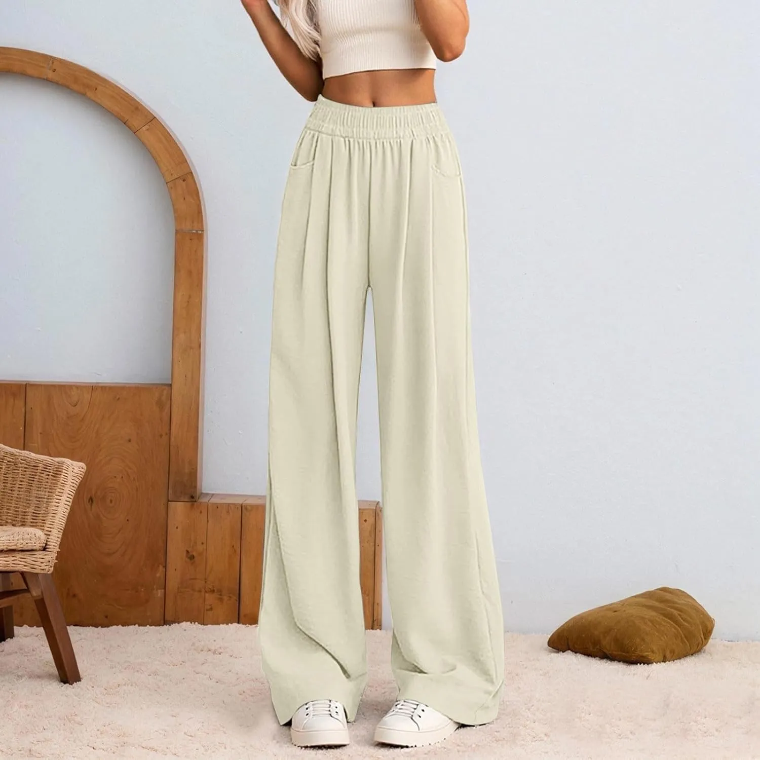 Women's High Waisted Wide Leg Casual Pants Elastic Waist Flowy Loose Trousers Pure Color Comfortable Vacation