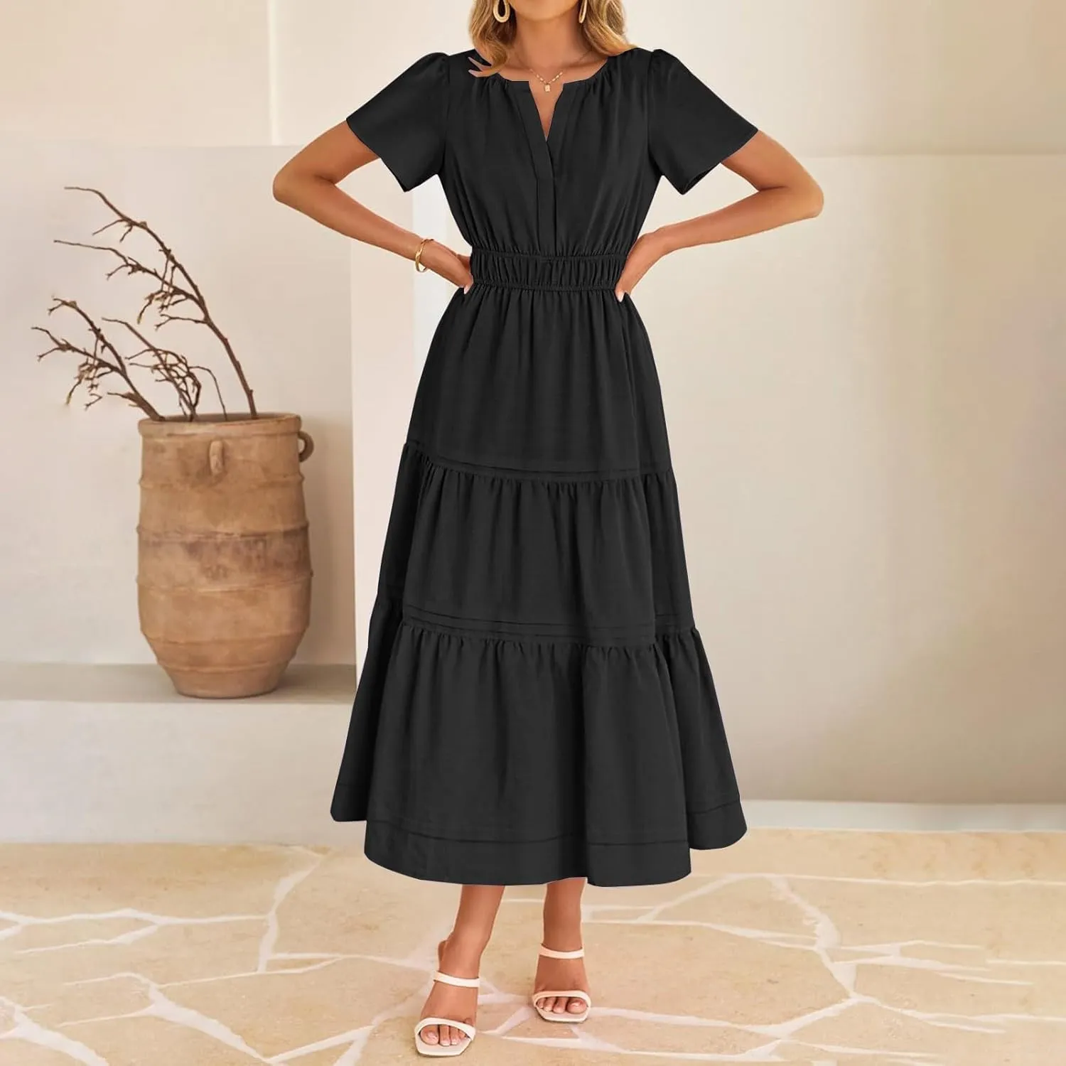 Women's Midi Dresses 2025 Summer Casual Short Sleeve V Neck Elastic Waist Elegant Boho Flowy Long Dress with Pocket