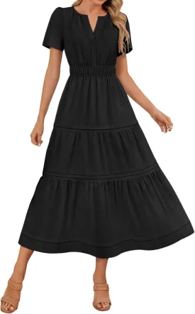 Women's Midi Dresses 2025 Summer Casual Short Sleeve V Neck Elastic Waist Elegant Boho Flowy Long Dress with Pocket