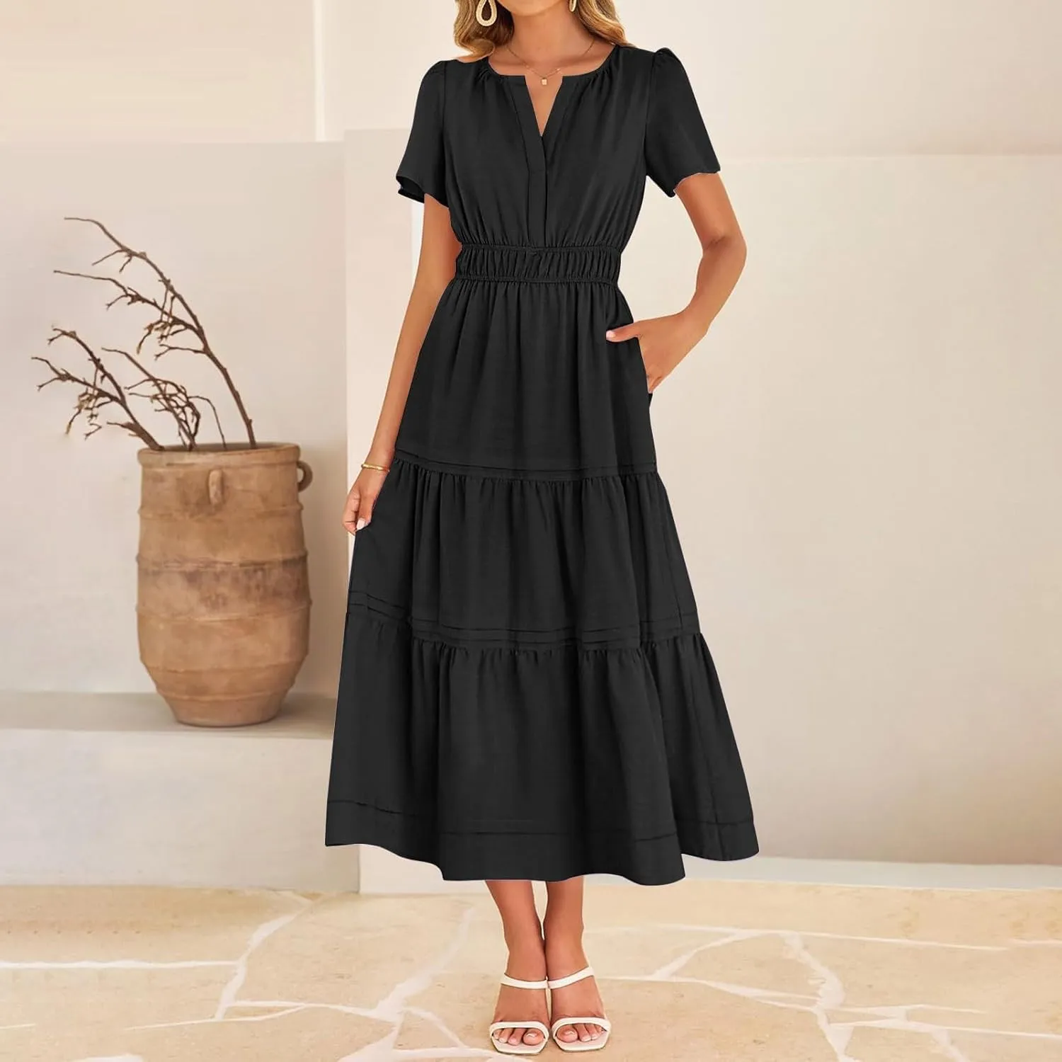 Women's Midi Dresses 2025 Summer Casual Short Sleeve V Neck Elastic Waist Elegant Boho Flowy Long Dress with Pocket