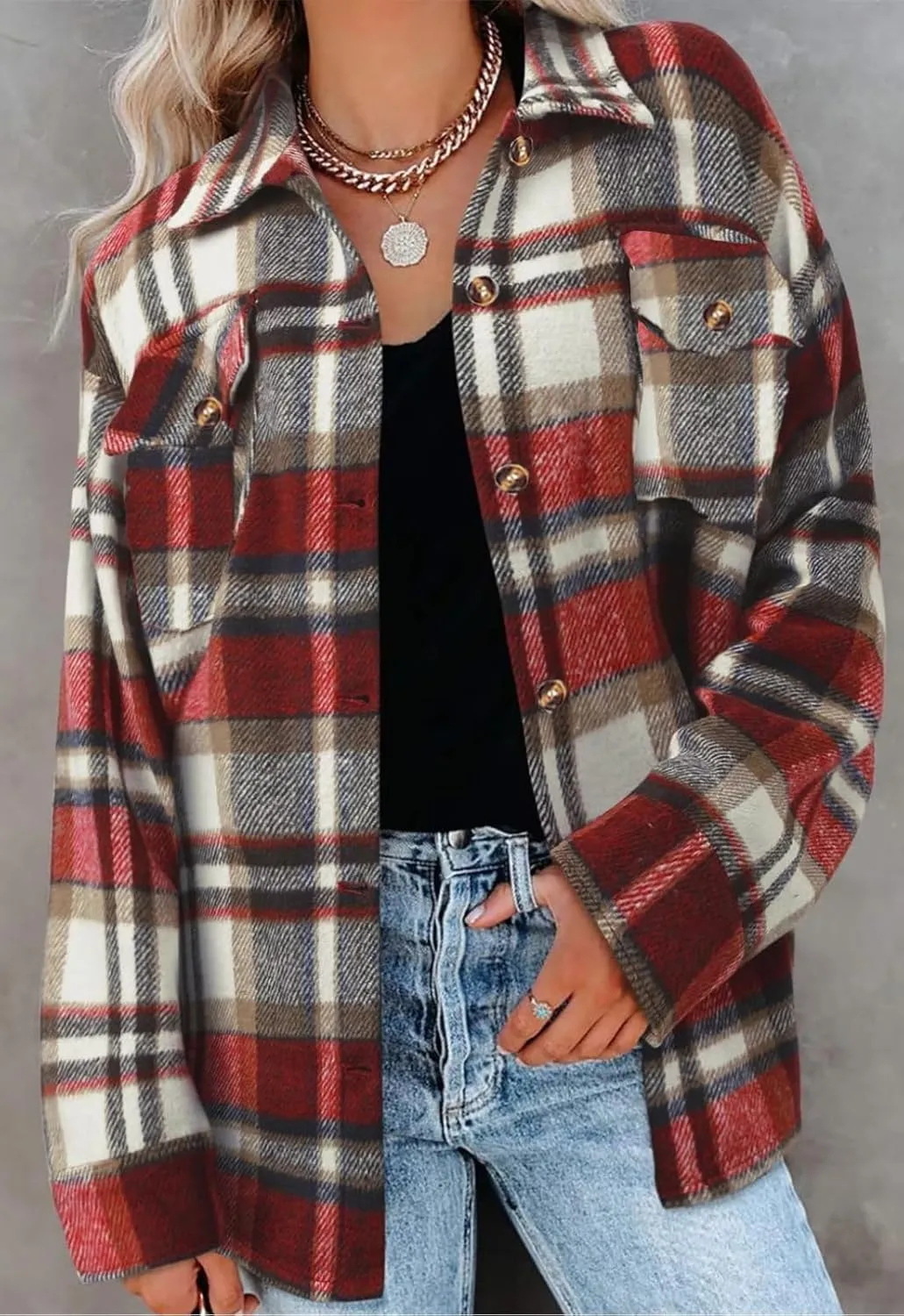 Women's Plaid Shacket Jacket Long Sleeve Button Down Shirt Outfits for Women