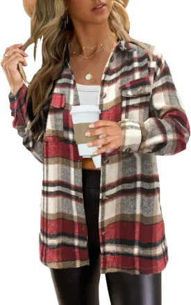 Women's Plaid Shacket Jacket Long Sleeve Button Down Shirt Outfits for Women