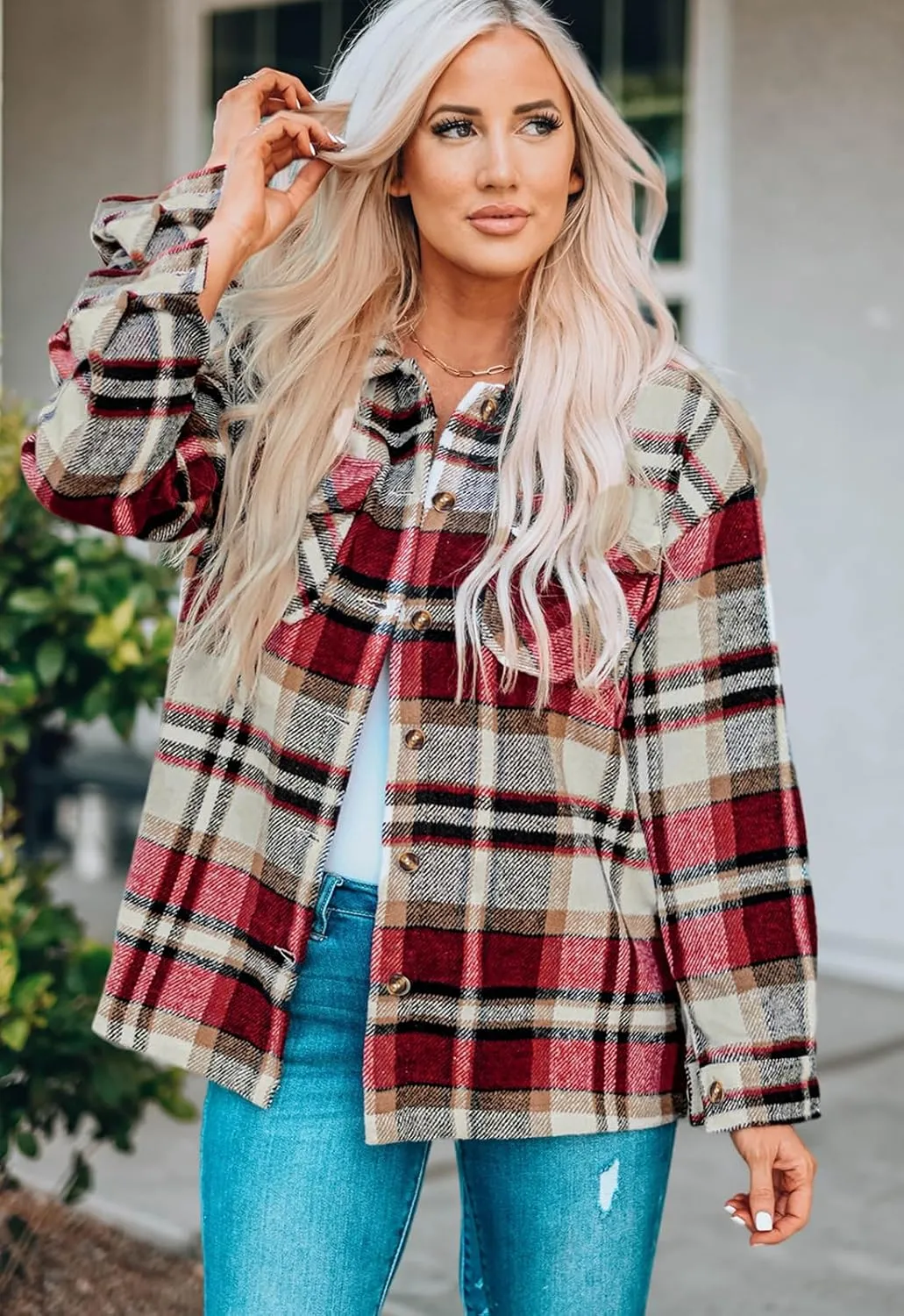 Women's Plaid Shacket Jacket Long Sleeve Button Down Shirt Outfits for Women