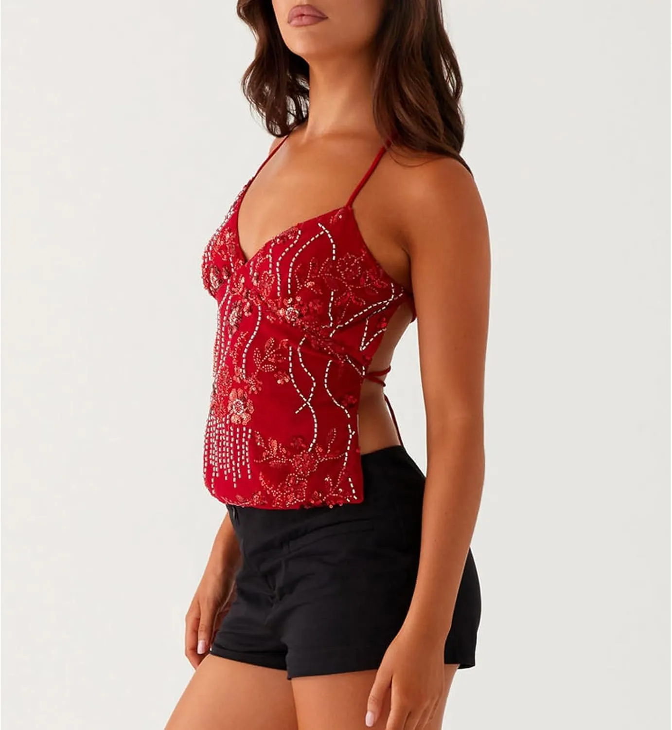Womens Sequin Cami Tank Top Y2k Sparkly Floral Tops Sexy Pearl Embellished Tops Bling Glitter Rhinestone Camisole