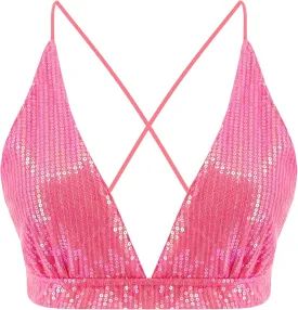 Womens Sexy Sequin Crop Top V Neck Bandage Tank Top Bustier Cami Dance Bra Top for Club Rave