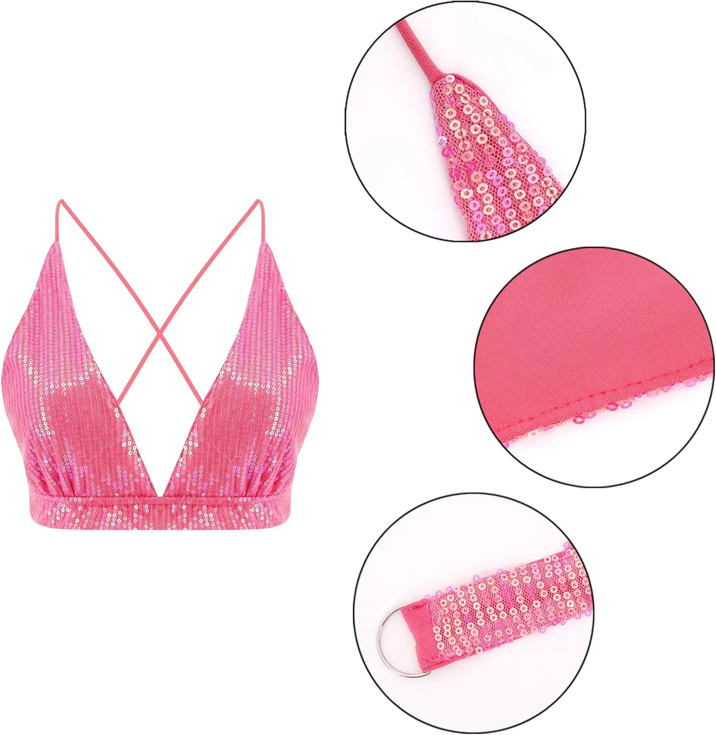 Womens Sexy Sequin Crop Top V Neck Bandage Tank Top Bustier Cami Dance Bra Top for Club Rave