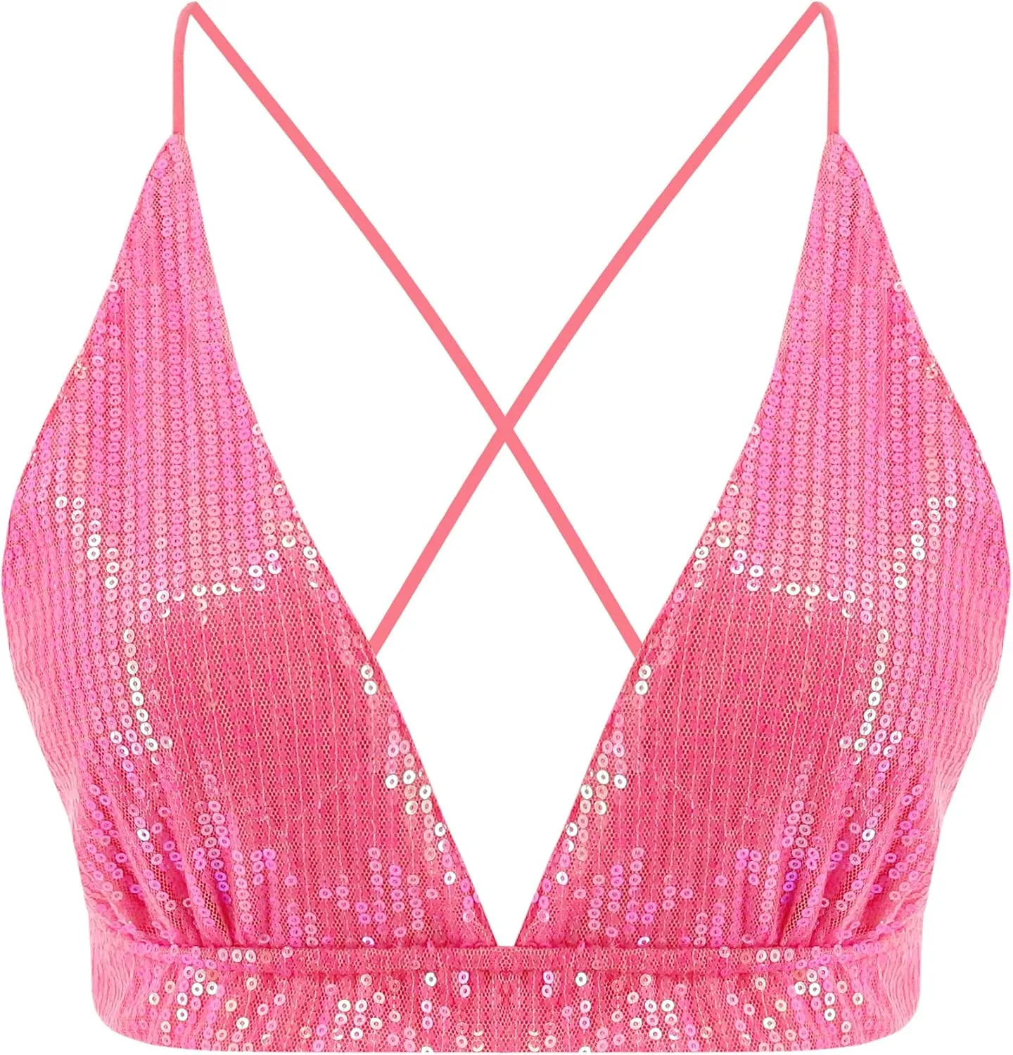 Womens Sexy Sequin Crop Top V Neck Bandage Tank Top Bustier Cami Dance Bra Top for Club Rave