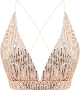 Womens Sexy Sequin Crop Top V Neck Bandage Tank Top Bustier Cami Dance Bra Top for Club Rave