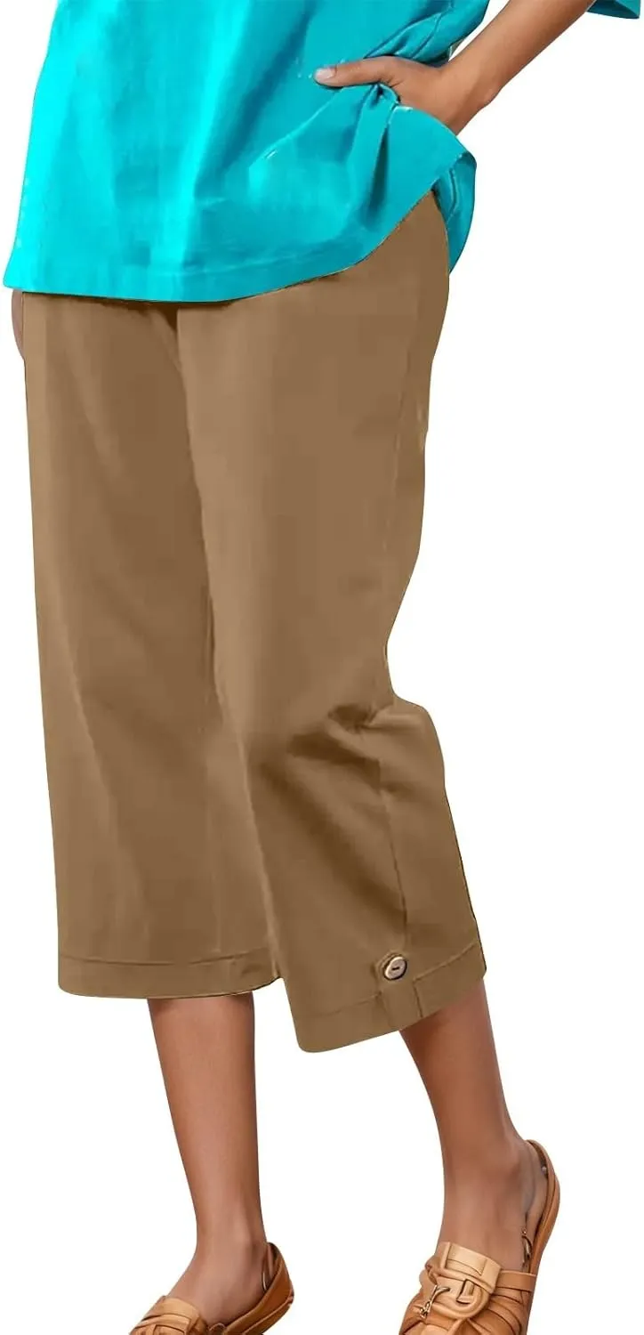 Women's Summer Casual Capri Pants High Waisted Wide Leg Comfortable Soft Knit Mid Length Breathable Workout Yoga