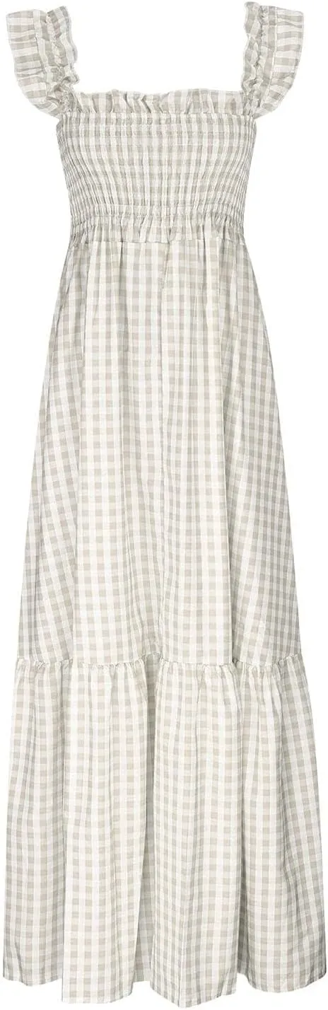 Womens Summer Dress Retro Plaid Smocked Dresses Square Neck Ruffle Strap Midi Dress Flowy A Line Beach Dresses