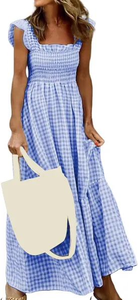 Womens Summer Dress Retro Plaid Smocked Dresses Square Neck Ruffle Strap Midi Dress Flowy A Line Beach Dresses