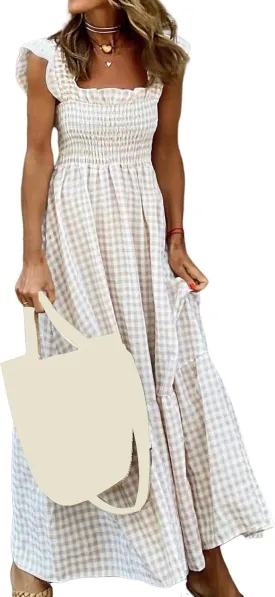 Womens Summer Dress Retro Plaid Smocked Dresses Square Neck Ruffle Strap Midi Dress Flowy A Line Beach Dresses