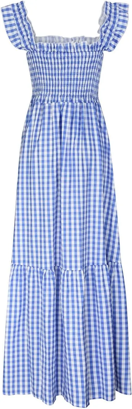 Womens Summer Dress Retro Plaid Smocked Dresses Square Neck Ruffle Strap Midi Dress Flowy A Line Beach Dresses