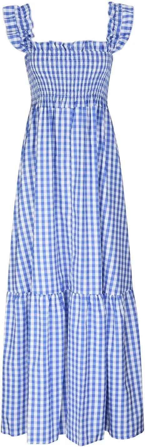 Womens Summer Dress Retro Plaid Smocked Dresses Square Neck Ruffle Strap Midi Dress Flowy A Line Beach Dresses