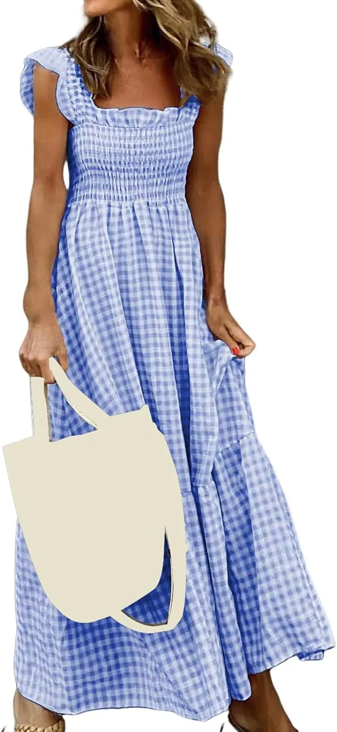 Womens Summer Dress Retro Plaid Smocked Dresses Square Neck Ruffle Strap Midi Dress Flowy A Line Beach Dresses