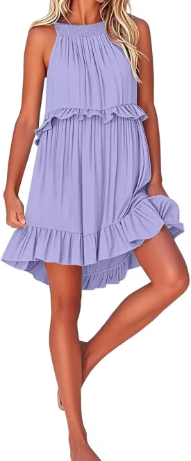 Women's Summer Dresses 2025 Sleeveless Halter Ruffle Hem Mini Short Dress A-Line Flowy Boho Beach Vacation Sundress