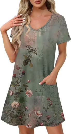 Womens Summer Dresses Fashion Casual Short Sleeve V Neck Soft Loose Flowy Short Dress Beach Sundresses with Pocket