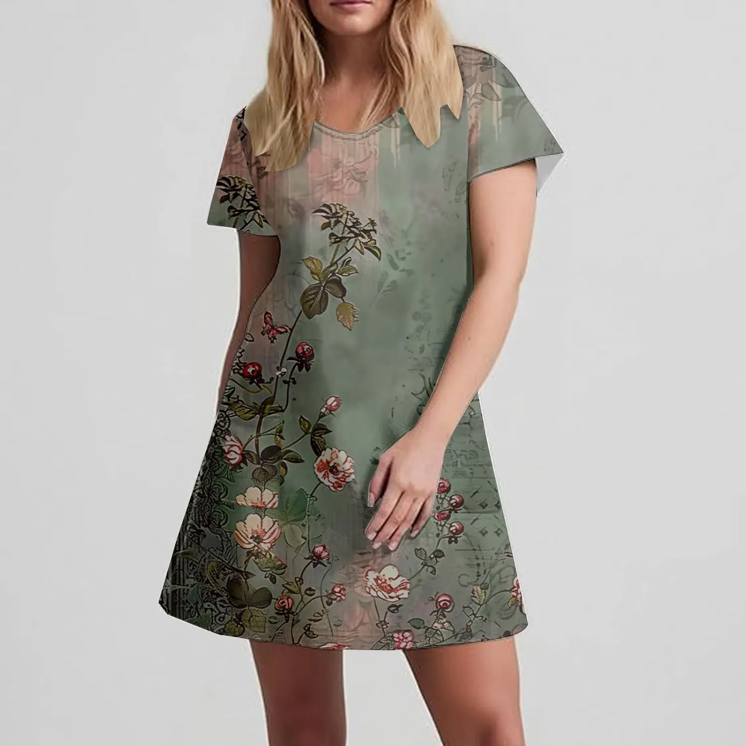 Womens Summer Dresses Fashion Casual Short Sleeve V Neck Soft Loose Flowy Short Dress Beach Sundresses with Pocket