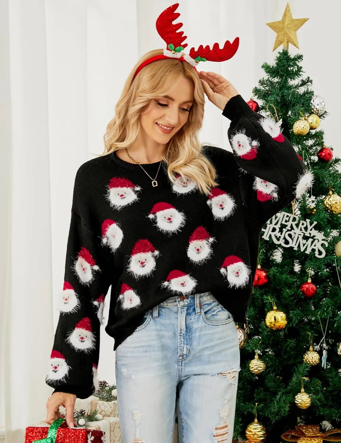 Yimoon Ugly Christmas Sweater for Women Xmas Holiday Party Funny Santa Sweater Cute Cropped Knitted Pullover Tops