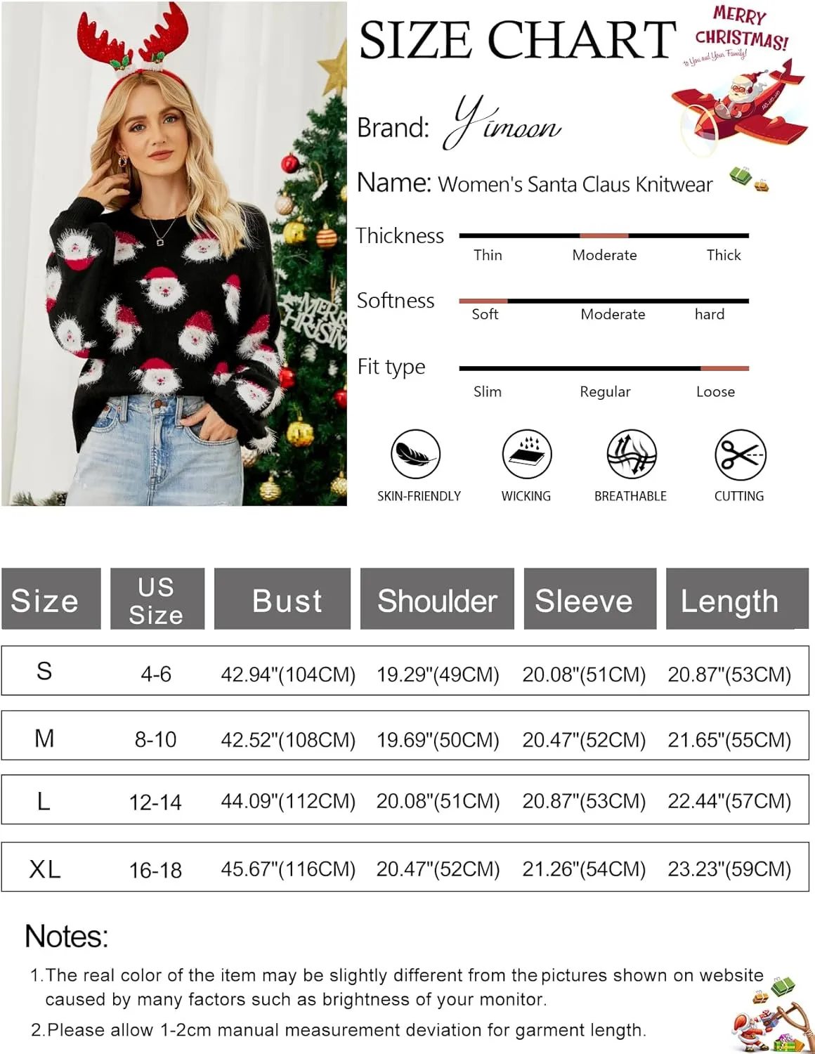 Yimoon Ugly Christmas Sweater for Women Xmas Holiday Party Funny Santa Sweater Cute Cropped Knitted Pullover Tops