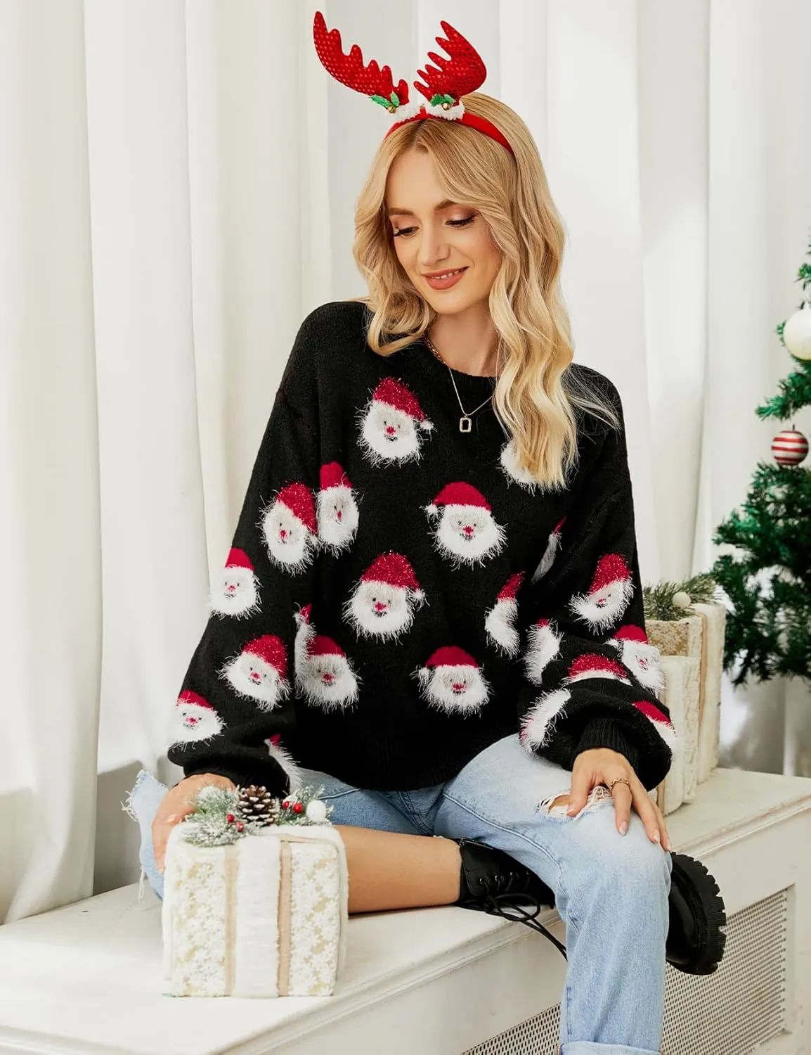 Yimoon Ugly Christmas Sweater for Women Xmas Holiday Party Funny Santa Sweater Cute Cropped Knitted Pullover Tops